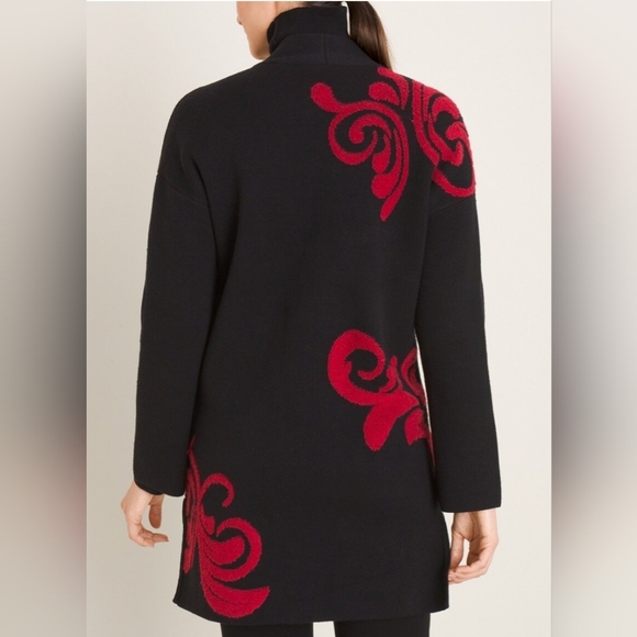 Chico's Red & black scroll long cardigan - Picture 3 of 10